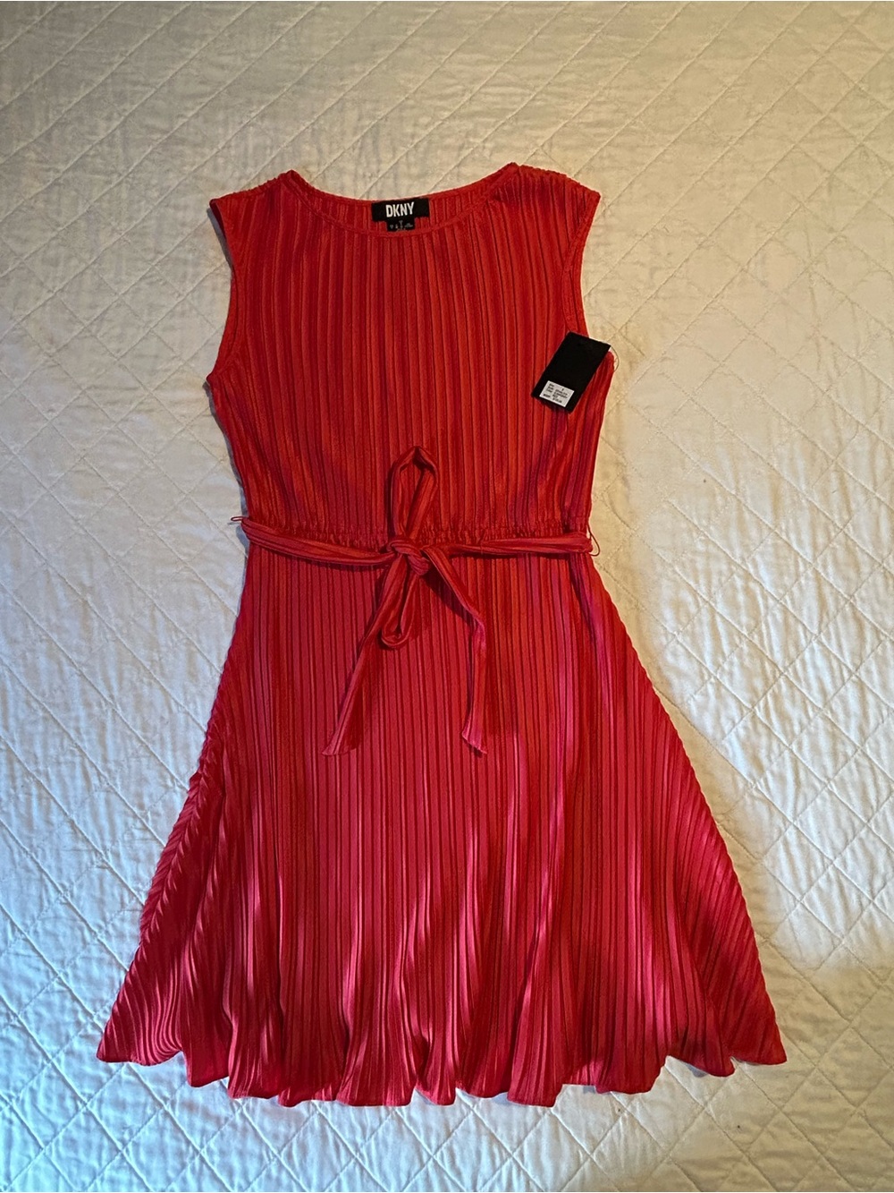 Dkny Red Pleated Tie-Waist Midi Dress